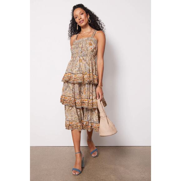 Cleobella Kaleidoscope Rosalie Ruffled Tiered Smocked Midi Dress Boho Size Large - Picture 1 of 14